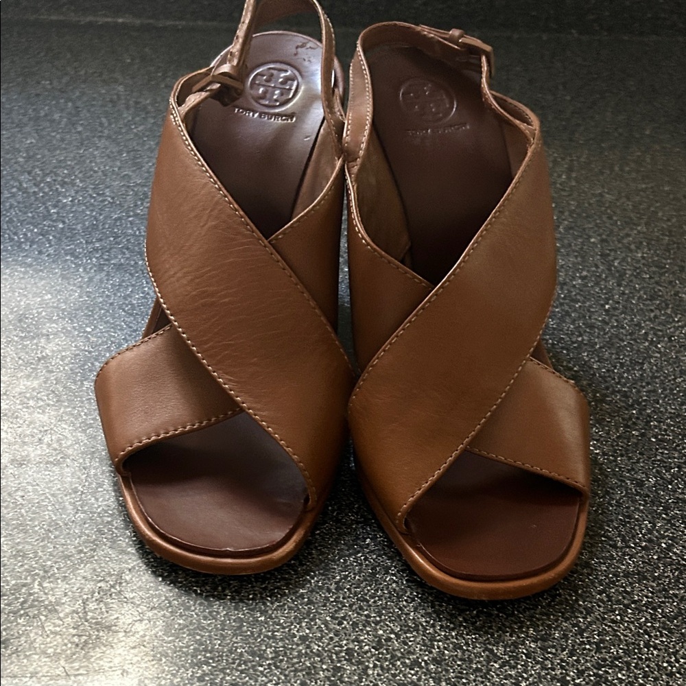 Tory Burch Cognac Leather Crisscross Slingback Sandals